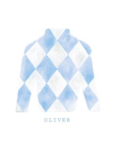 a blue and white checkered sweater with the words,'oliver '