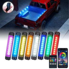 Multi-Color 8-Pod LED Truck Bed Lighting Kit Automotive Lighting Race Sport Lighting Truck Bed Lights, Atv Car, Led Exterior Lighting, Bed Accessories, White Truck, Bed Rail, Alpha Omega, Bed Rails, Bed Lights