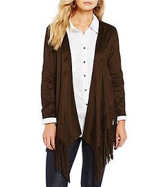 Intro Faux-Suede Open Front Fringe Jacket Trendy Open Front Fall Blazer, Spring Layering Outerwear With 3/4 Sleeve, Trendy Open Front Blazer For Fall, Fall Outerwear For Layering With 3/4 Sleeve, Fall Layering Outerwear With 3/4 Sleeve, Fall Cardigan For Layering With 3/4 Sleeves, Trendy Fall Outerwear With 3/4 Sleeves, Fall Layering Cardigan With 3/4 Sleeve, Fall 3/4 Sleeve Cardigan For Layering