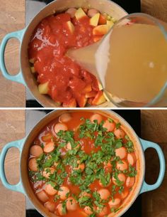 two pictures side by side with one being cooked and the other being stewed in a pot