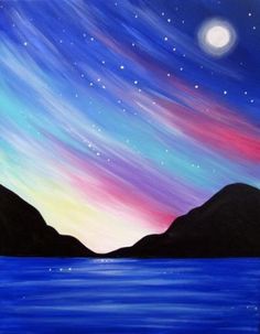 an acrylic painting of the night sky over water with mountains and stars in the background