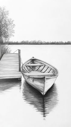 a pencil drawing of a boat tied to a dock