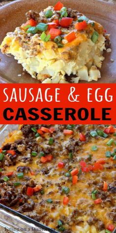 sausage and egg casserole in a baking dish with the title above it reading sausage and egg casserole