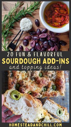 some food that is sitting on top of a table with the words 20 fun and flavorful sourdough add - ins and toppings