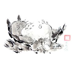 an ink drawing of a cat and two other cats laying on the ground with chinese characters below