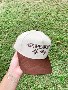 Ask Me About My Dog Embroidered Baseball Hat Adjustable Snapback Color: Cream & Brown Brown Letter Print Snapback Hat, Beige Snapback Hat With Letter Print, Trendy Brown Hat With Embroidered Logo, Beige Cap With Letter Print, Beige Letter Print Cap, Brown Letter Print Hat, One Size Fits Most, Brown Letter Print Hat, Embroidered Baseball, Fall Collections