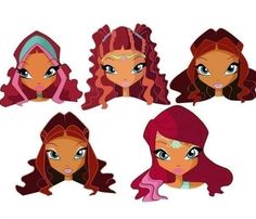 four cartoon girls with long red hair and green eyes, each wearing different hairstyles