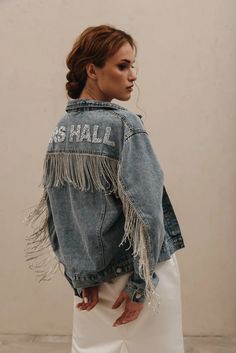 Fringe Denim Jacket, Bridal Boxes, Rhinestone Fringe, Essense Of Australia, Bridal Jacket, Fringe Jacket, Bridal Belt, Popular Color, Colored Denim