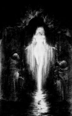 a black and white drawing of a woman standing in front of a waterfall