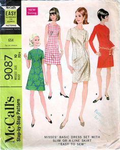 three women's dresses and one woman's dress are shown in this pattern