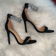 Beautiful Rhinestone Strap Suede Black Heels. They Are Beautiful Elegant Shoes, Back Zipper, 4.5” High, I Got The Shoes Altered On The Back By The Zipper For Better Comfort See The Last Photo - Nwt Ankle Strap Heels With Rhinestones For Prom, Ankle Strap Heels With Bling For Night Out, Embellished Ankle Strap Heels For Night Out, Ankle Strap Heels With Rhinestones For Night Out, Rhinestone Ankle Strap Heels For Night Out, Cocktail Heels With Rhinestones And Ankle Strap, Party Heels With Rhinestones And Ankle Strap, Chic High Heel Bling Heels, Crystal Embellished Open Toe Heels For Night Out