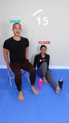 two people sitting on chairs in front of a blue floor with the words chair 15