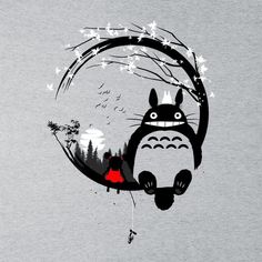 the totoro is sitting on a branch in front of some trees and stars