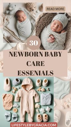 newborn baby care essentials with the words, 30 newborn baby care essentials