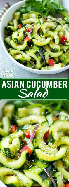 cucumber salad in a white bowl with the title above it