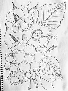 a drawing of flowers with leaves on it