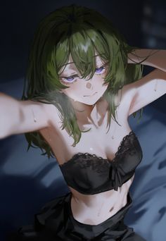 a woman with green hair wearing a black bra top and panties, posing for the camera