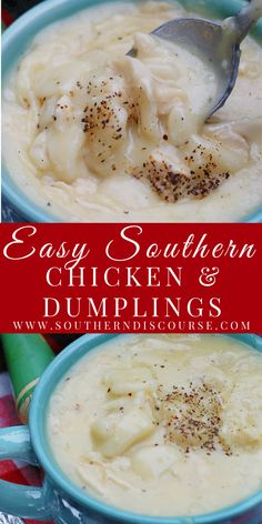 easy southern chicken and dumplings soup in a blue bowl