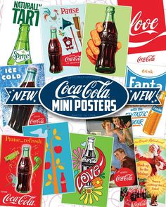 the coca - cola mini posters are all different colors and sizes, including red, green,