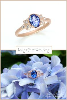 two different views of an engagement ring with blue flowers in the foreground and on the right