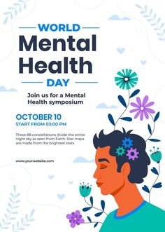 the world mental health day poster with a man's face and flowers in his hair