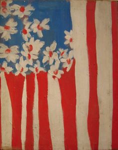 an american flag with flowers painted on it