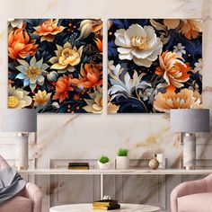 two floral paintings on the wall in a living room