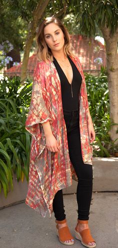 "Hand tie dye meets chic comfort in this long open front kimono jacket. This is absolutely Beautiful! Gorgeous shades of coral, pink, brick, white, cream, tan and gray. Versatile piece...Dress it up, or dress it down. Optional front tie. Or you'll be just gorgeous in this pool side because it also looks great as a pool/beach cover. This handmade, stunning, statement piece is a real standout. The gorgeous colors steal the show! Length straight down back: 38\" Arm hole opening: 12\" (24\" circumfe Long Kimono Outfit, Iran Style, Summer Kimono Outfit, Long Floral Kimono, Tie Dye Jacket, Long Kimono Cardigan, Kimono Outfits, Kimono Shrug, Tie Dye Jackets