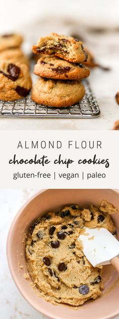 chocolate chip cookies in a pink bowl next to a cooling rack with cookies on it and the words almond flour chocolate chip cookies gluen - free i vegan