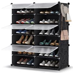 the shoe rack is filled with many pairs of shoes