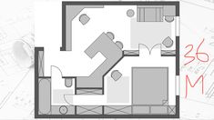 a drawing of a room with furniture and floor plans