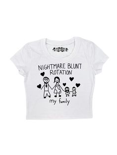 Crop top with Nightmare Blunt Rotation My Family design printed on a 95% cotton 5% spandex, form fitting, available in multiple colors  Make sure to check the size chart Message me with any questions :) Best Seller Fitted Cropped Shirt With Graphic Print And Short Sleeves, White Fitted Crop Top With Funny Print, Fitted Crew Neck Crop Top With Screen Print, Fitted White Crop Top With Funny Print, Fitted Cropped T-shirt With Funny Print, Fitted Graphic Print Cropped Shirt, Fitted Graphic Tee With Screen Print, Fitted Graphic Tee Crop Top With Screen Print, Fitted Graphic Tee Cropped T-shirt With Screen Print