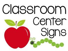 the classroom center signs are designed to look like an apple and wormel caterpillars