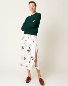 Box Pleat Slit Skirt in Rainforest | Maria McManus | Covet + Lou | Covet + Lou Split Skirt, Box Pleats, Lifestyle Shop, Hidden Zipper, Vneck Sweater, Forest Green, Pleated Skirt, Hosiery, Floral Skirt