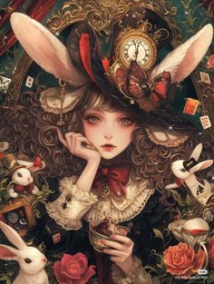 a painting of a girl with bunny ears and a clock on her head, surrounded by rabbits