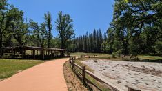 a dirt path in the middle of a park with trees on both sides and a picnic area behind it