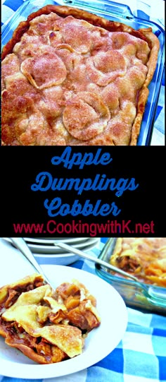 an apple dumpling cobbler is shown in this collage