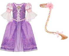 NEW Disney Store Rapunzel Princess Dress L 10 and Braided Hairpiece DESCRIPTION: Dress and braid are new with tags. Your little Princess can live her dreams with this beautifully detailed Rapunzel costume. Excellent quality as you can always expect from Disney Store. Dress Features: Rapunzel cameo brooch with purple rhinestone accents Bodice features sparkling purple glitter and a lace-up ribbon Lace trim Shimmering organza puff sleeves with ribbons and ruffle trim Sparkling organza overskirt wi Rapunzel Dress Kids, Tangled Rapunzel Dress, Tangled Rapunzel Costume, Tangled Costume, Tangled Princess, Rapunzel Cosplay, Rapunzel Costume, Disney Princess Costumes, Rapunzel Dress