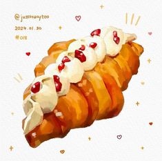 a painting of a croissant with cream and cherries on it