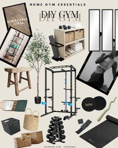 an assortment of items are arranged in the shape of a collage with text that reads, home gym essentials diy gym