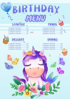 a unicorn birthday menu with flowers and cupcakes