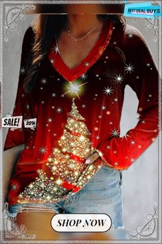 Christmas Long Sleeve Printed Casual T-shirt Xmas T-shirt V Neck Tunic, Casual Tunics, Unique Designers, Casual T Shirt, Printed Sleeves, Casual T Shirts, Women's Fashion Dresses, Shirt Online, Red Leather Jacket