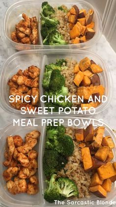 three plastic containers filled with food on top of a white counter next to the words spicy chicken and sweet potato meal prep bowls