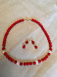 Red Coral, Swarovski Crystals, Plated Gold & Magnetic Clasp. Set with Earrings. 17" Coral Beads, Magnetic Clasp, Red Coral, Swarovski Crystals, Original Designs, Coral, Beaded Necklace, Plating, Beaded Bracelets