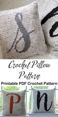 crochet pillow pattern with the letter p on it and two pillows in different colors