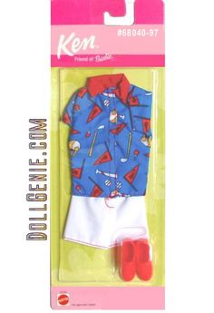 the doll is wearing a blue shirt and white shorts with red shoes on it's feet