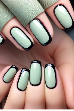 2 Different Color Nails, Cute Nails Design, Cool Nail Art Designs, Black French Tip, Mint Nails, Black French, Black Nail, Fabulous Nails