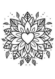 a black and white drawing of a heart surrounded by leaves