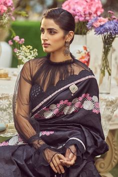 Black saree with kadhua and meenakari work in floral motifs. Comes with unstitched blouse piece. - Aza Fashions Black Unstitched Blouse Piece For Transitional Season, Transitional Season Unstitched Black Blouse Piece, Transitional Season Black Unstitched Blouse Piece, Designer Wear Black Blouse For Eid, Black Designer Blouse Piece For Eid, Black Blouse Piece For Wedding Eid, Designer Black Blouse Piece For Eid, Black Blouse Piece For Wedding And Eid, Semi-stitched Black Cotton Silk Blouse Piece