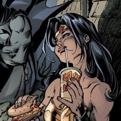 a woman drinking from a cup next to a batman and wonder girl in the background